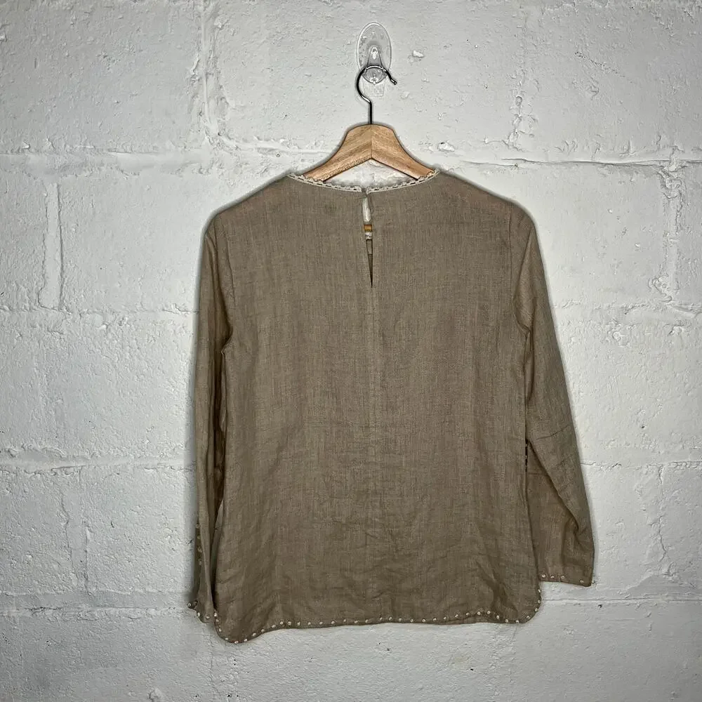 J. Crew Women's Fringe Embroidered Linen Keyhole‎ Crewneck Tan White Top Size 00